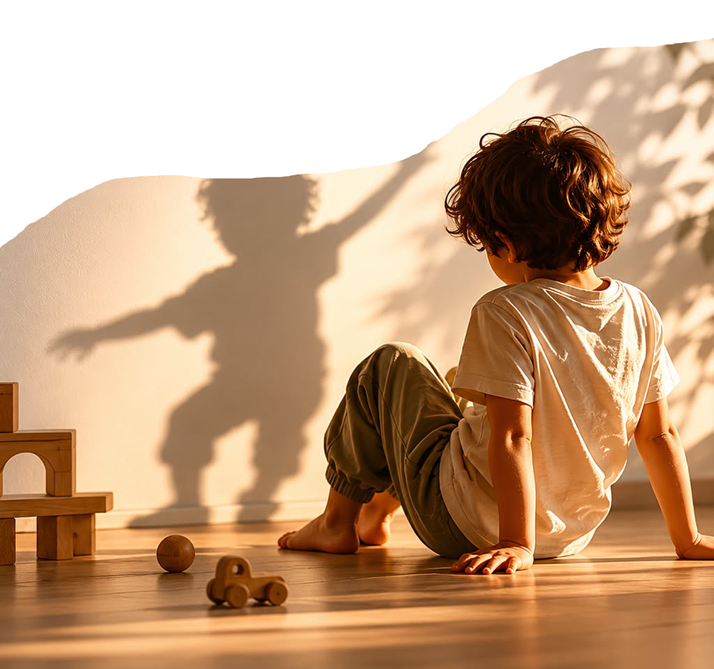 Criança sentada em um ambiente iluminado pelo sol, em imagem da apresentação institucional